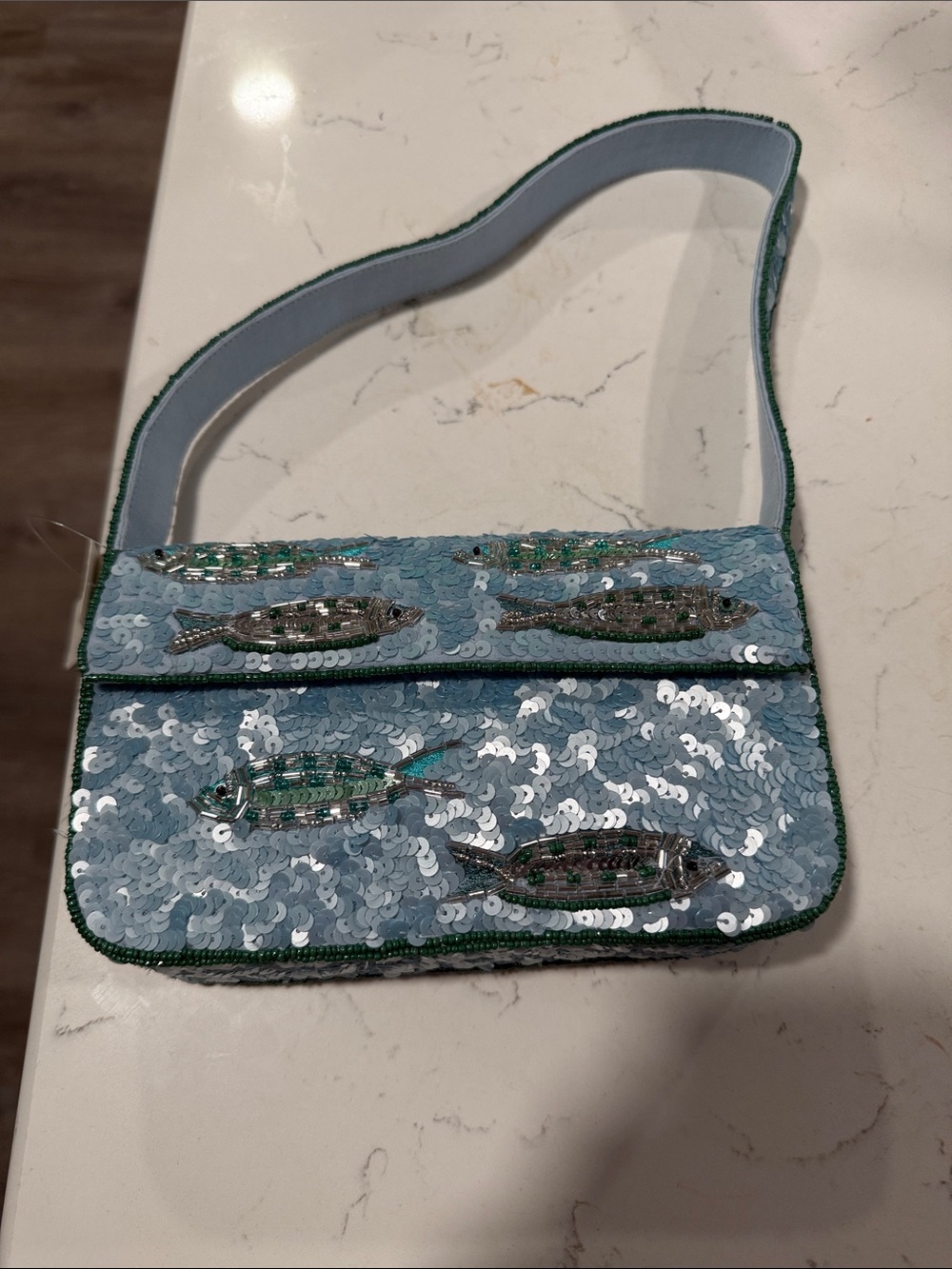 Anthropologie Sequin Fish Shoulder Bag in Light Blue with Green Trim